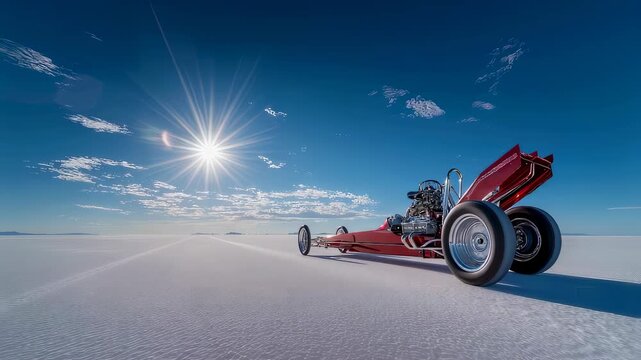 Top fuel dragster racing car on sunlit salt desert with clear sky