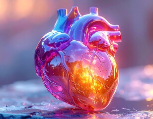 Glossy, iridescent heart, glowing against a blurred abstract background