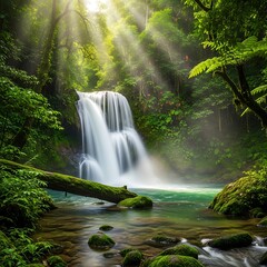 Lush Waterfall in Tropical Rainforest with Sun Rays.
