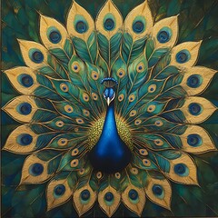 Majestic peacock displaying its vibrant iridescent feathers in a full fan shape