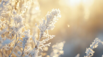 Soft focus close up of delicate frosted lavender stalks bathed in warm golden sunlight during a serene winter morning