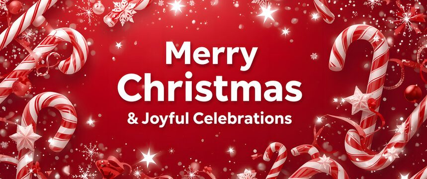 Christmas background image bursting with red sparkle, swirling candy canes, bright bokeh lights, and bold festive celebration typography.
