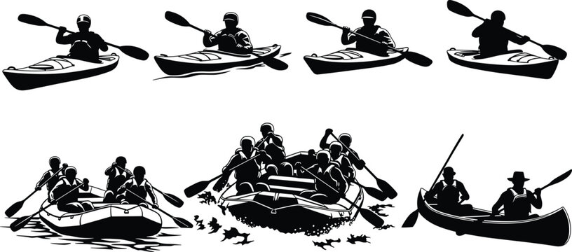 Water sports silhouette set, kayaking, rafting, canoeing, paddling action, outdoor adventure, black and white vector, extreme sport, river activity