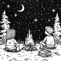 Two children sitting by a campfire under a starry night sky with a crescent moon