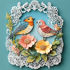 Two decorative paper birds perched on delicate floral arrangement within ornate lace frame