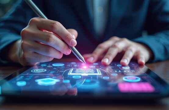 Man in business suit uses stylus on tablet with glowing icons. Person interacts with digital interface. Brain and circuit graphics appear on screen. Online education and e-learning concept. - Powered by Adobe
