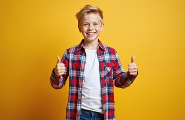 Young student boy gives thumbs up with both hands. He smiles brightly, wearing a plaid shirt and white t-shirt on a yellow studio background. Copy space for text is available.