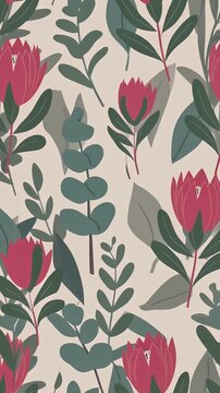 Elegant bohemian seamless pattern featuring stylized pink protea flowers and sage green eucalyptus branches on a light background. A contemporary botanical illustration