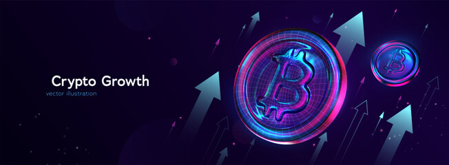Obraz premium Bitcoin Growth and Cryptocurrency Market Rise with Neon Arrows and Digital Coins. Perfect Concept for Fintech Business. Crypto Investments. Vector Illustration