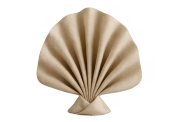 Beige paper napkin folded in a decorative seashell fan shape, creating an elegant table setting or dining decoration, transparent background