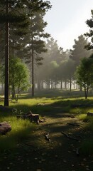 Sunlight filtering through a misty forest with tall trees and green undergrowth.