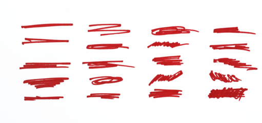 Red marker underline brush stroke set. Marker red pen highlights squiggle stroke. Vector swoosh brush handwritten underline set for accent, pencil emphasis element.