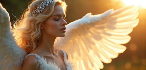 Angel girl dreams. Blond woman with feathered wings and crown stands outdoor. Sun shines behind her. Fairytale creature in heaven. Spirituality and religion symbol. Divine power concept. Serenity now.