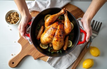 Hands serve hot golden roasted chicken in red pot. Whole bird baked with fresh lemon slices, fragrant rosemary herbs, side potatoes. Delicious homemade main meal ready to eat for family dinner.
