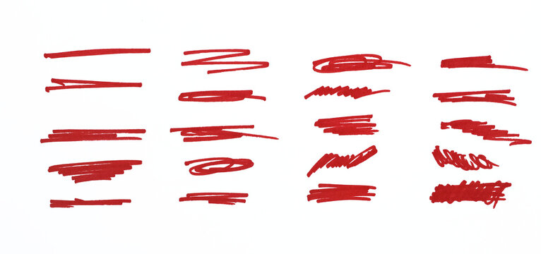 Red marker underline brush stroke set. Marker red pen highlights squiggle stroke. Vector swoosh brush handwritten underline set for accent, pencil emphasis element.