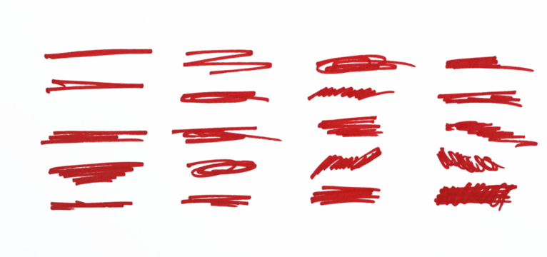 Red marker underline brush stroke set. Marker red pen highlights squiggle stroke. Vector swoosh brush handwritten underline set for accent, pencil emphasis element.