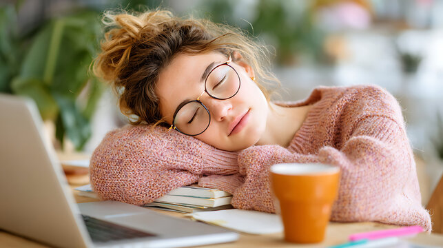 An exhausted young woman sleeps at her desk, showing fatigue from work or study.