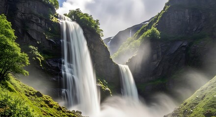 Majestic Waterfalls Cascading Down Rocky Cliffs in Lush Green Valley.