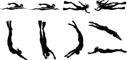 Swimmer silhouette vector, swimming strokes, diving pose, underwater motion, black illustration, sport activity, aquatic movement, fitness, water sport, minimal design