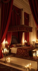 Luxurious Bedroom Bathed in Candlelight with Rich Red Drapes and Ornate Decor.