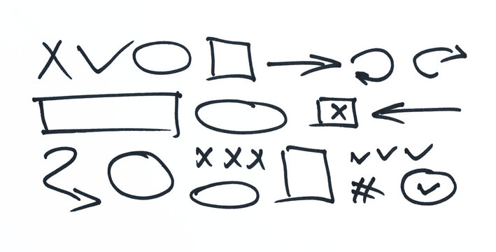 Collection organic grunge bold shapes, curved arrows and geometric shapes. Geometric vector set in Memphis style. Grunge swirled brush stroke, curly and straight lines. Hand drawn geometric pattern.