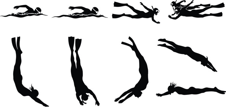 Swimmer silhouette vector, swimming strokes, diving pose, underwater motion, black illustration, sport activity, aquatic movement, fitness, water sport, minimal design