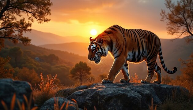 Bengal tiger walks on rock at sunset. Wild predator in forest during golden hour. Majestic animal moves through nature. Big cat hunts at dusk.