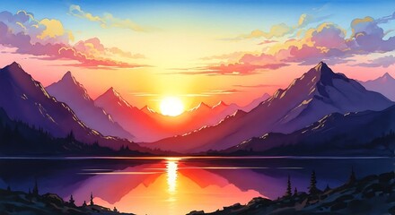 Vibrant Sunset Over Mountain Lake - A Serene Landscape Painting.