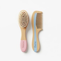 Two Wooden Hairbrushes with Soft Bristles and Wide-tooth Comb in Natural and Pastel Colors for Hair Care
