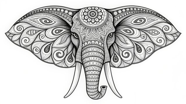 Intricately patterned elephant head illustration in black and white, resembling a mandala or tribal art. Ideal for art blogs, cultural sites, or articles on spirituality, meditation, and animal symbol