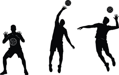 Volleyball silhouettes, player actions, spiking, blocking, receiving, sports vector, black and white, athletic poses, ball movement, team game, jump motion