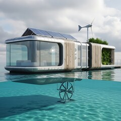 Futuristic Floating Eco-Friendly House with Solar Panels and Wind Turbine.