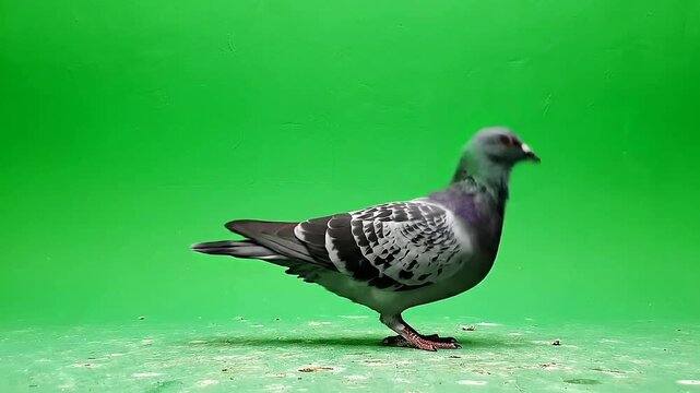 Pigeon Isolated on Green Screen Background with Detailed Feathers Walking Sideways on Ground Showing Texture