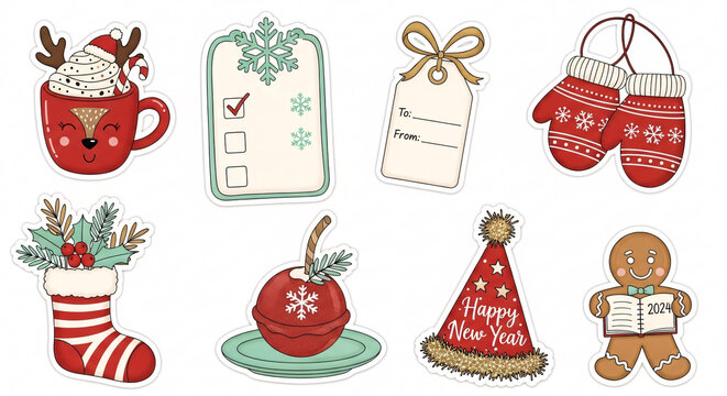 Festive Christmas and New Year sticker collection featuring cozy mugs, mittens, gift tags, gingerbread man, ornaments, and holiday decor
