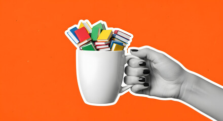 A Pop Art Collage of a Hand Holding a Mug Filled with Colorful Social Media Icons.