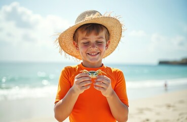 Smiling boy in straw hat holds small crab on warm sunny beach shore. Child wears orange rashguard, truly enjoys summer day by vast ocean. Kid explores sea nature, learns about marine animals. Happy