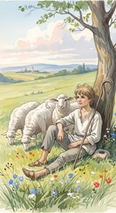 Shepherd Boy Resting Under Tree with Sheep in Pastoral Scene.
