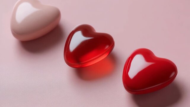 Three glossy heart-shaped objects on pink background