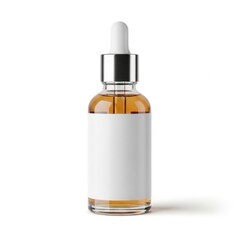 Naklejka premium Amber Glass Dropper Bottle with White Label in Close Up on White Background