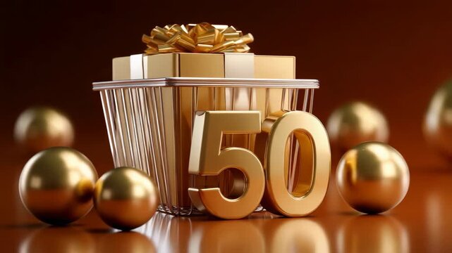 Golden 50th anniversary celebration gift box with elegant ribbon and decorative ornaments