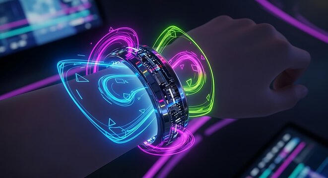 Futuristic Wristband with Glowing Energy Fields Displaying Digital Interface.
