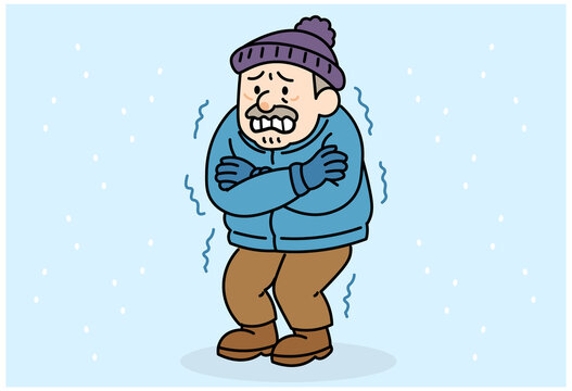 Elderly man shivering in cold winter wearing warm clothes for health care and safety awareness illustration