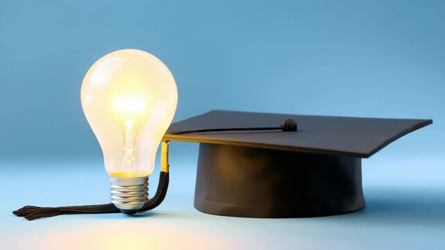 Lightbulb with graduation cap on blue background representing education and innovation