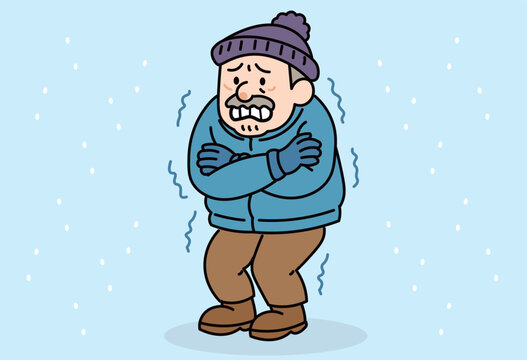 Elderly man shivering in cold winter wearing warm clothes for health care and safety awareness illustration