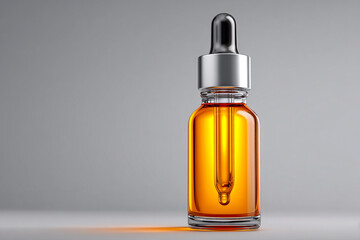 Naklejka premium Golden liquid in a glass dropper bottle with a sleek silver cap on a clean gray background