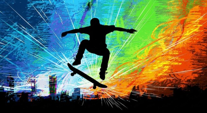 Dynamic skateboarder silhouette performing an ollie against an energetic urban backdrop