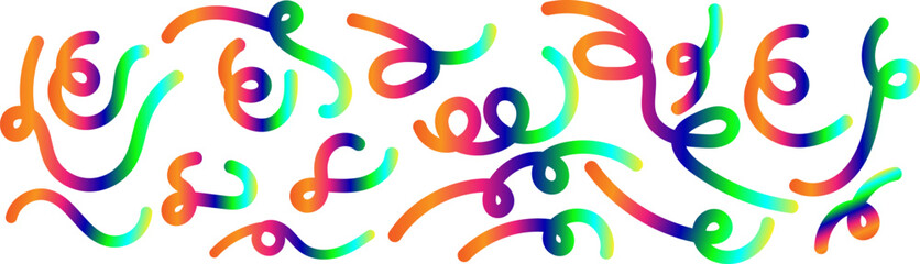 Vibrant Abstract Wavy Gradient Lines and Scribbles Set. Retro 80s or 90s Style Dynamic Swirls and Curly Elements