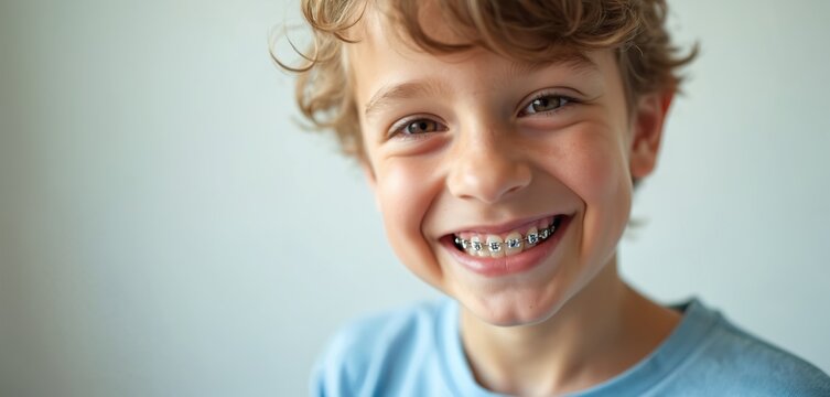 Happy young boy smiles showing teeth with metal braces. Child smiles broadly looks at camera indoor. Kid in dental treatment. Orthodontic service for children dentistry promotion.
