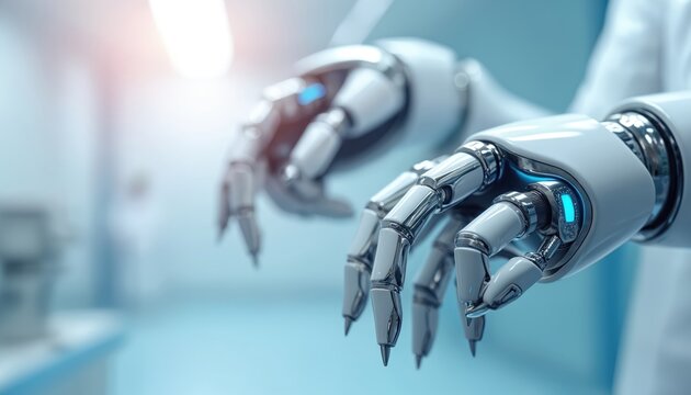 Robotic arms with tech tools in clinical area. Modern robotic surgery concept for future med technologies. Automated systems offer high precision in surgeries for healthcare. Innovation in hospital