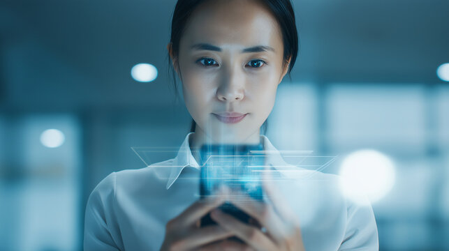 Japanese woman using a smartphone with a futuristic digital UI interface
